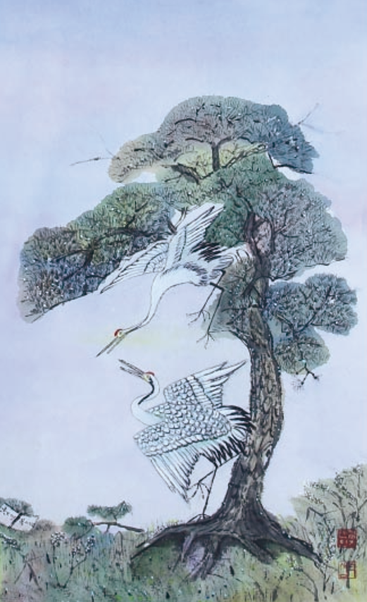 한국화 : 소나무와 학 (학의 정원)